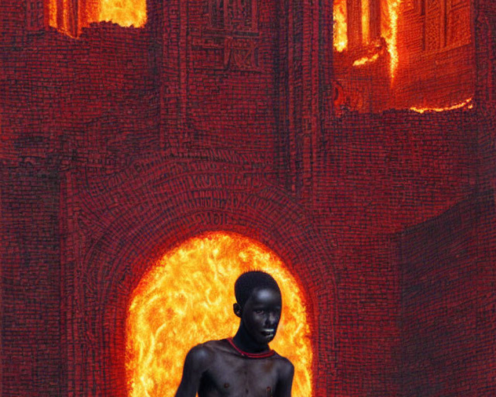 Shirtless man in dramatic fiery Gothic backdrop
