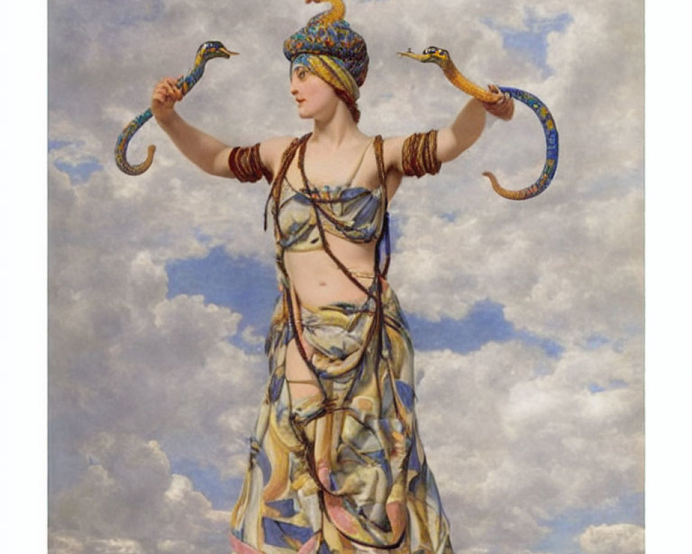 Woman in oriental costume dancing with snakes under cloudy sky