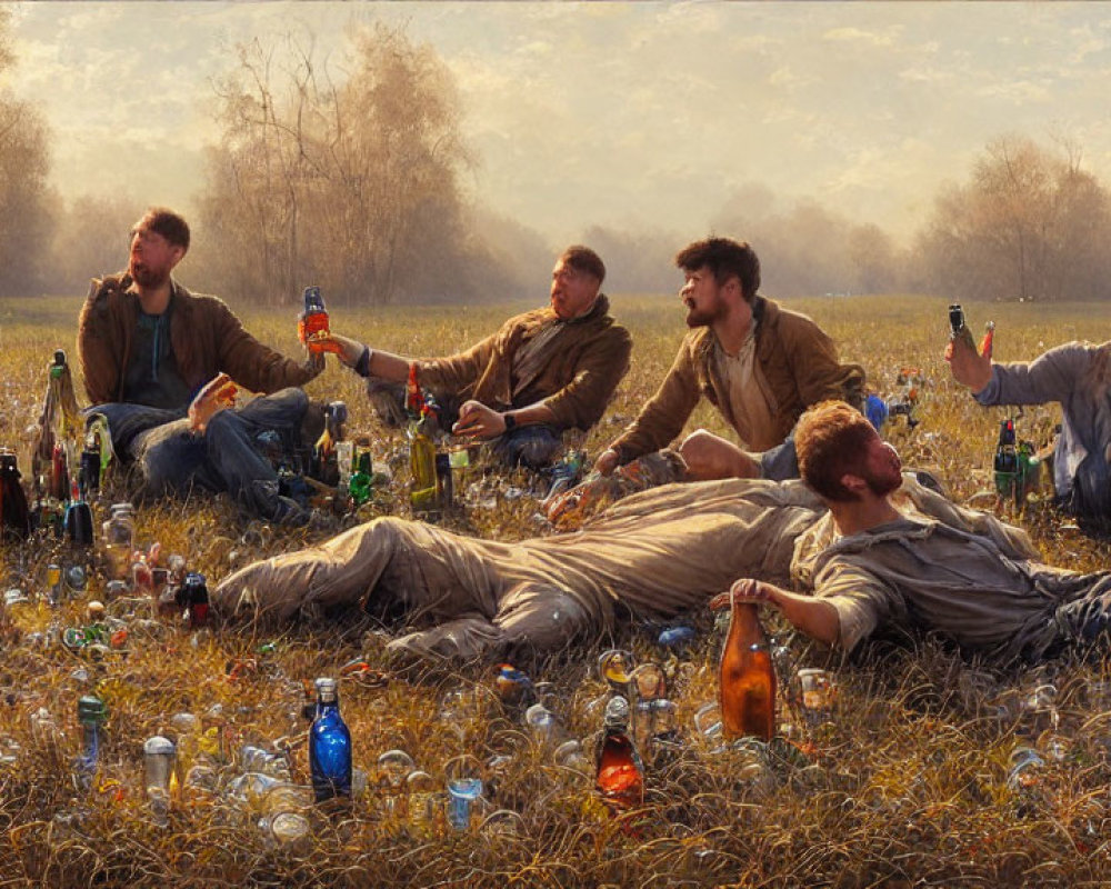 Group of five men in field with empty bottles, enjoying beer and company in serene, golden-lit