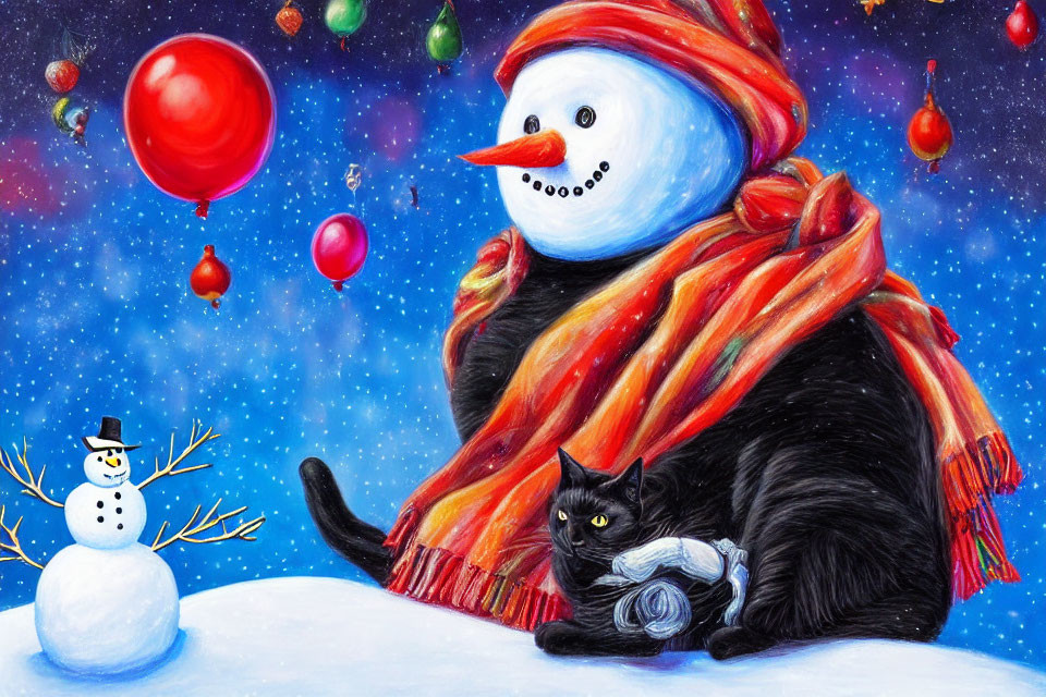 Illustration of Snowman, Cat, Balloons, Baubles in Starry Sky