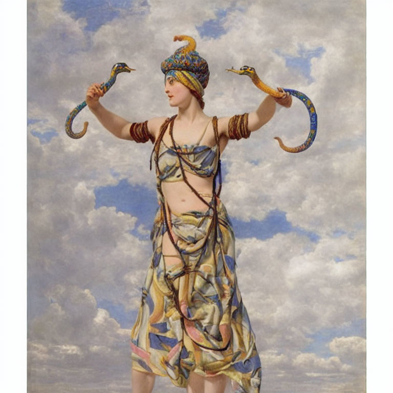 Woman in oriental costume dancing with snakes under cloudy sky