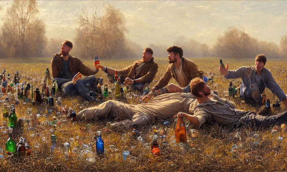 Group of five men in field with empty bottles, enjoying beer and company in serene, golden-lit