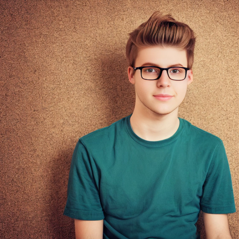 Stylish young man in green t-shirt and glasses on beige background