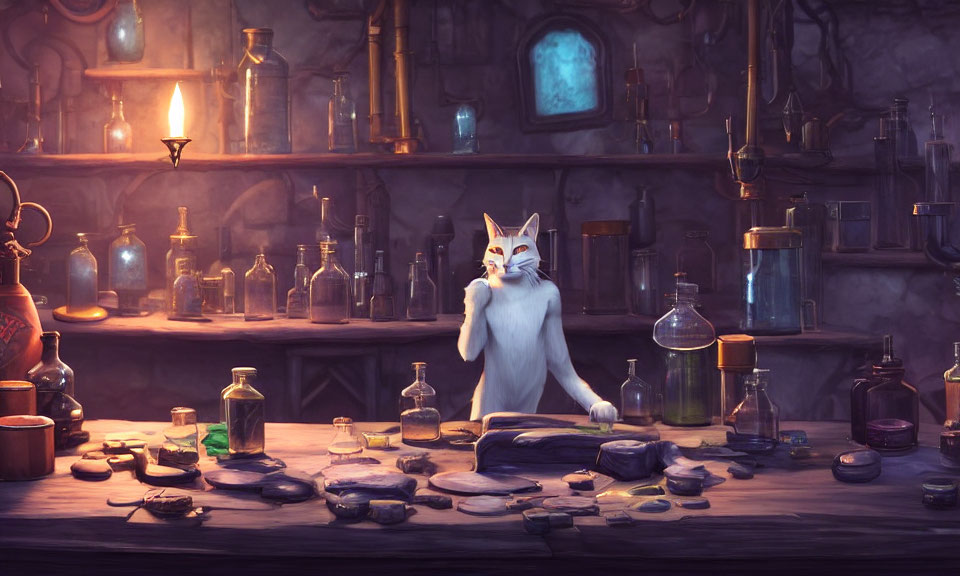 Anthropomorphic Cat in Lab Coat Conducting Experiments in Alchemist's Laboratory