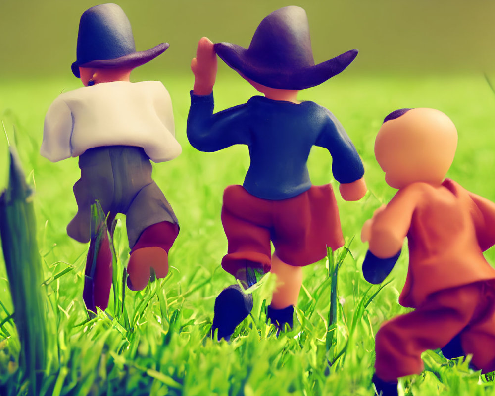 Three Toy Figures Walking Through Grass with Hats