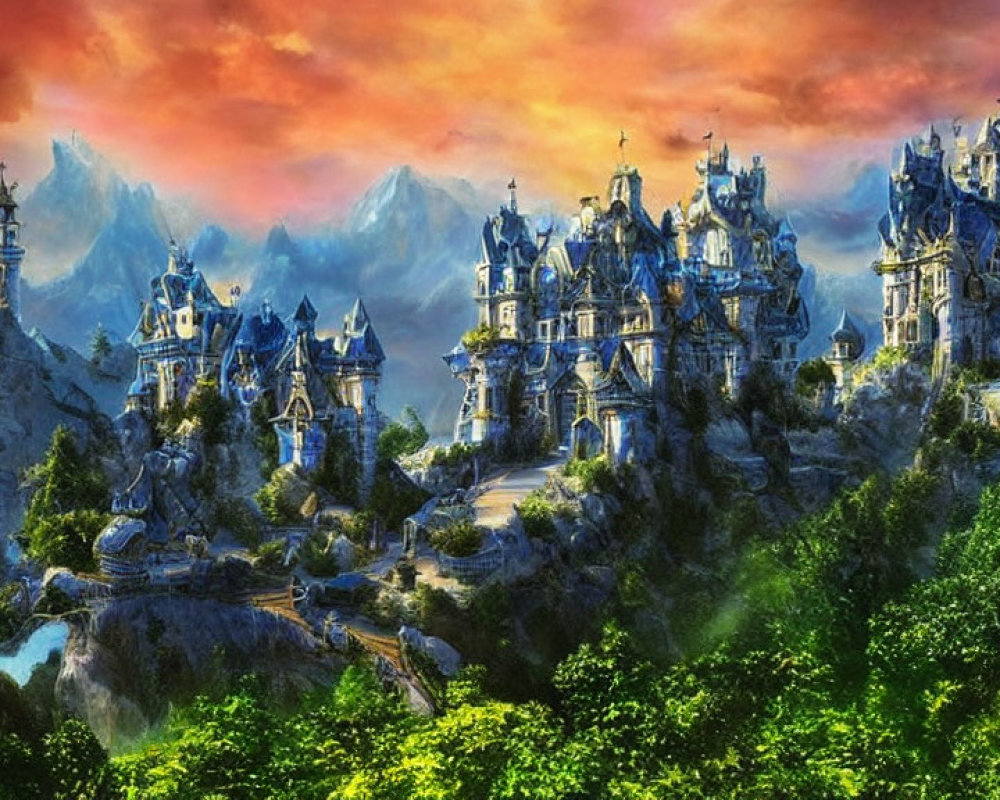 Elaborate castle city in fantastical landscape with dramatic mountains