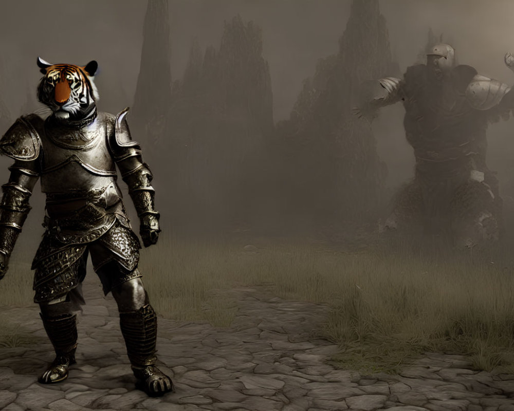Tiger-headed warrior in medieval armor faces off with ogre in foggy landscape