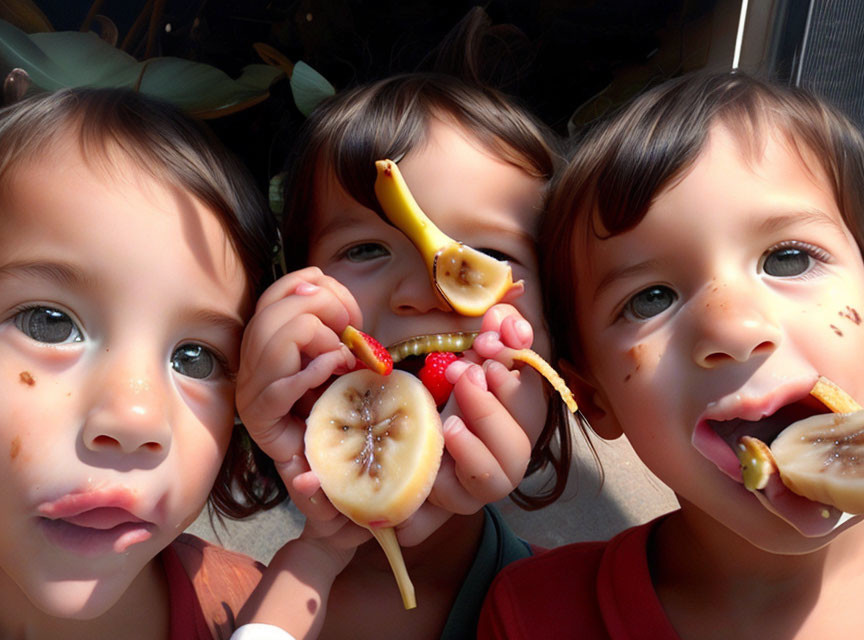 Three children with messy faces holding a banana and strawberries slice in half