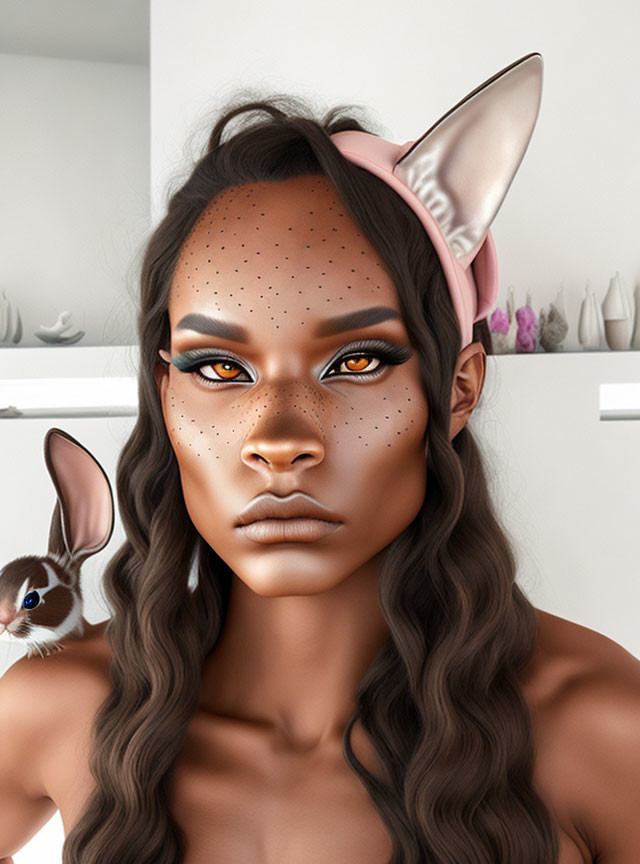Digital artwork of woman with freckles in cat-eye makeup and cat ear headband, with illustrated