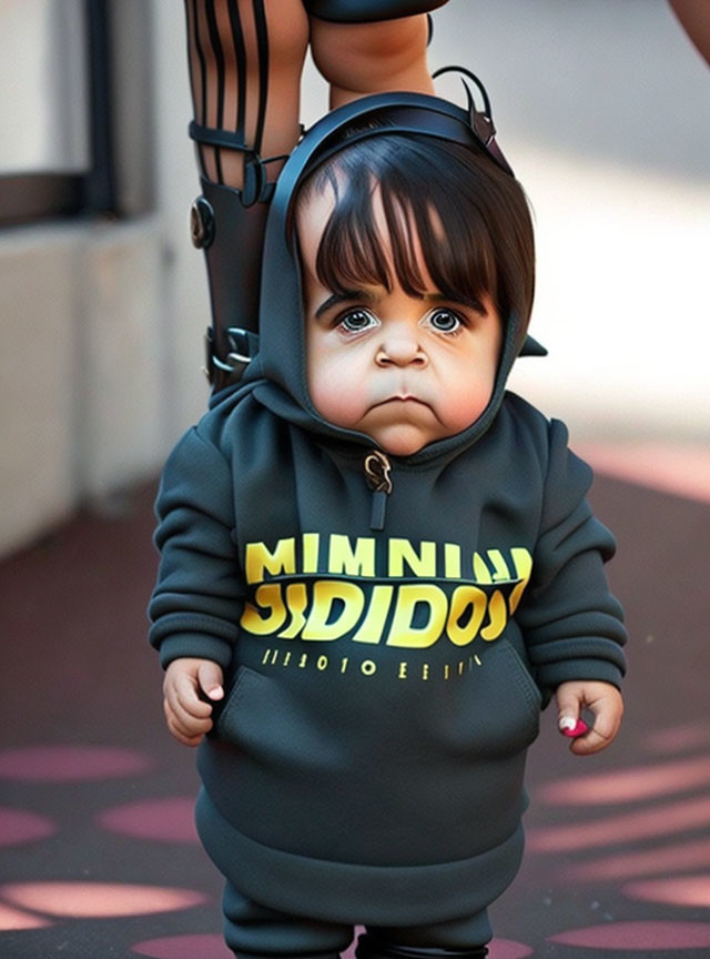 Digital artwork: Baby with large eyes in black hoodie on sidewalk