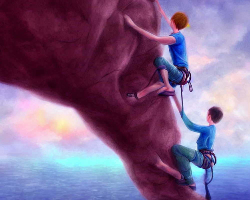 Rock climbers aiding each other under purple sky