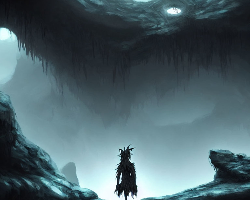 Mysterious figure in cloak in misty cavern with glowing eye-like opening