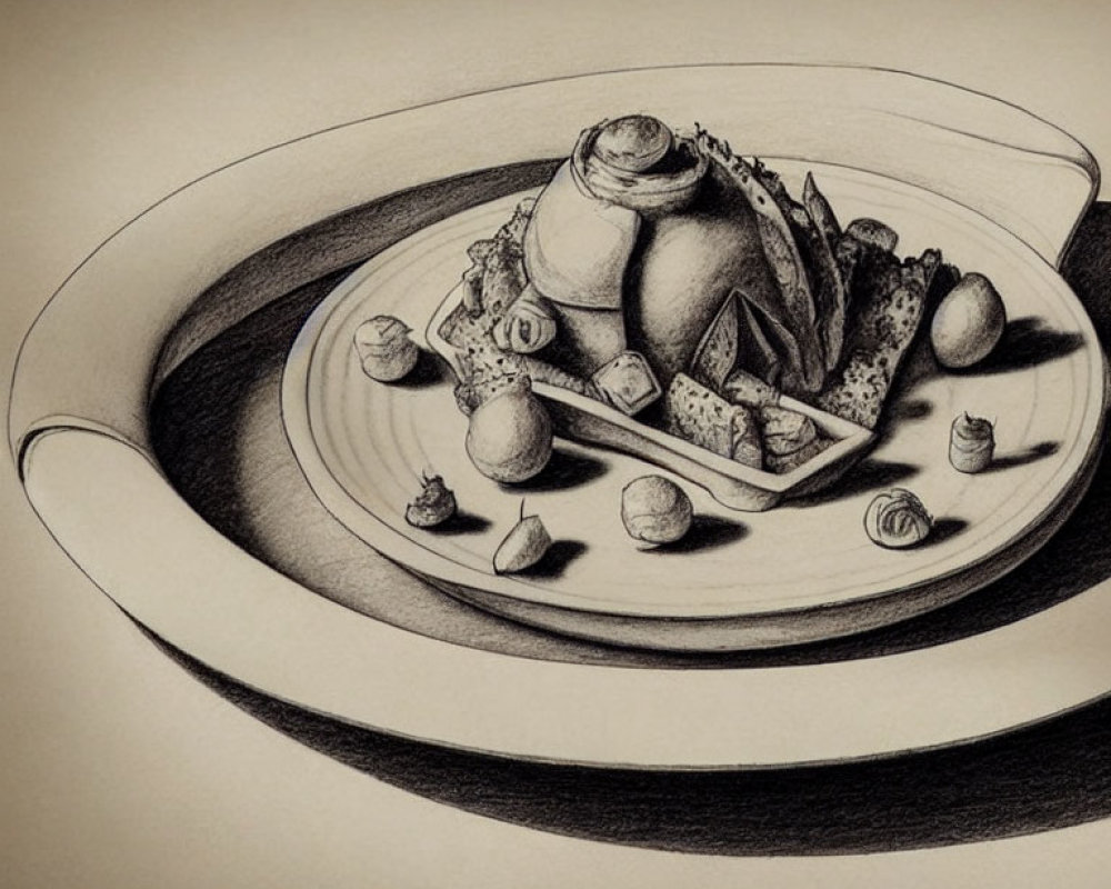 Detailed pencil drawing of a plated dessert with swirled pastry, berries, and decorative elements