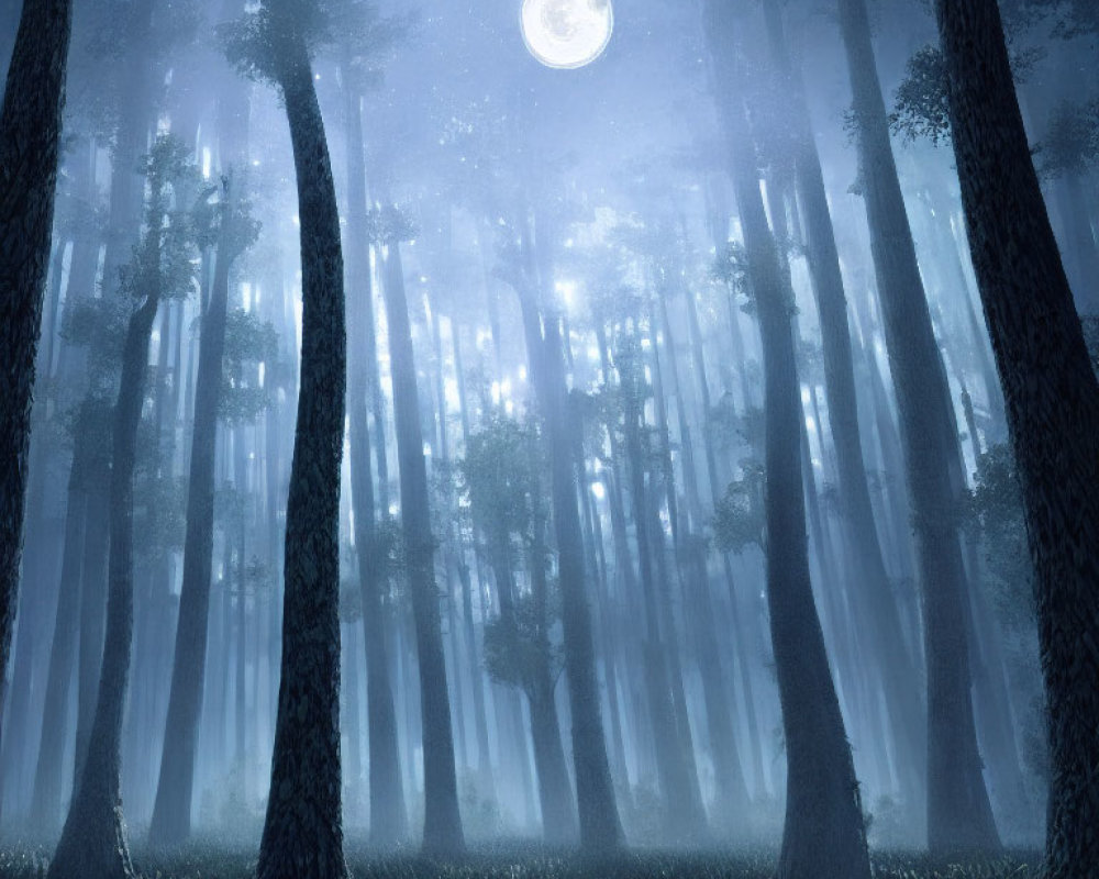 Moonlit Forest with Tall Trees and Full Moon Glow