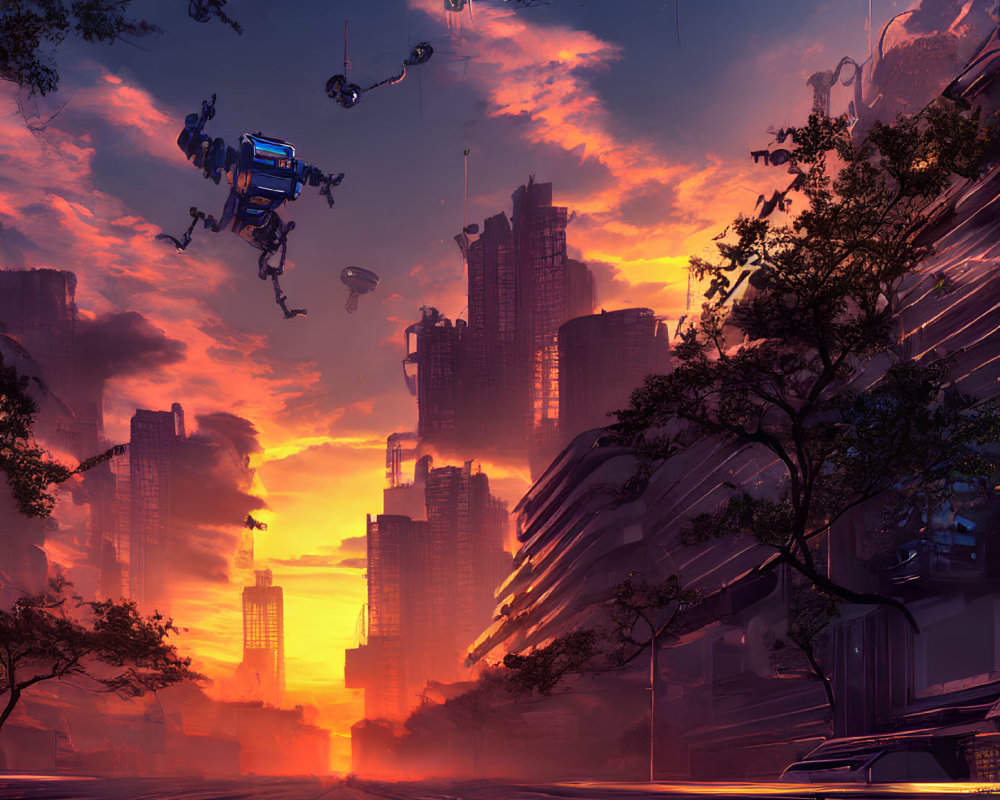 Futuristic sunset cityscape with skyscrapers and flying vehicles