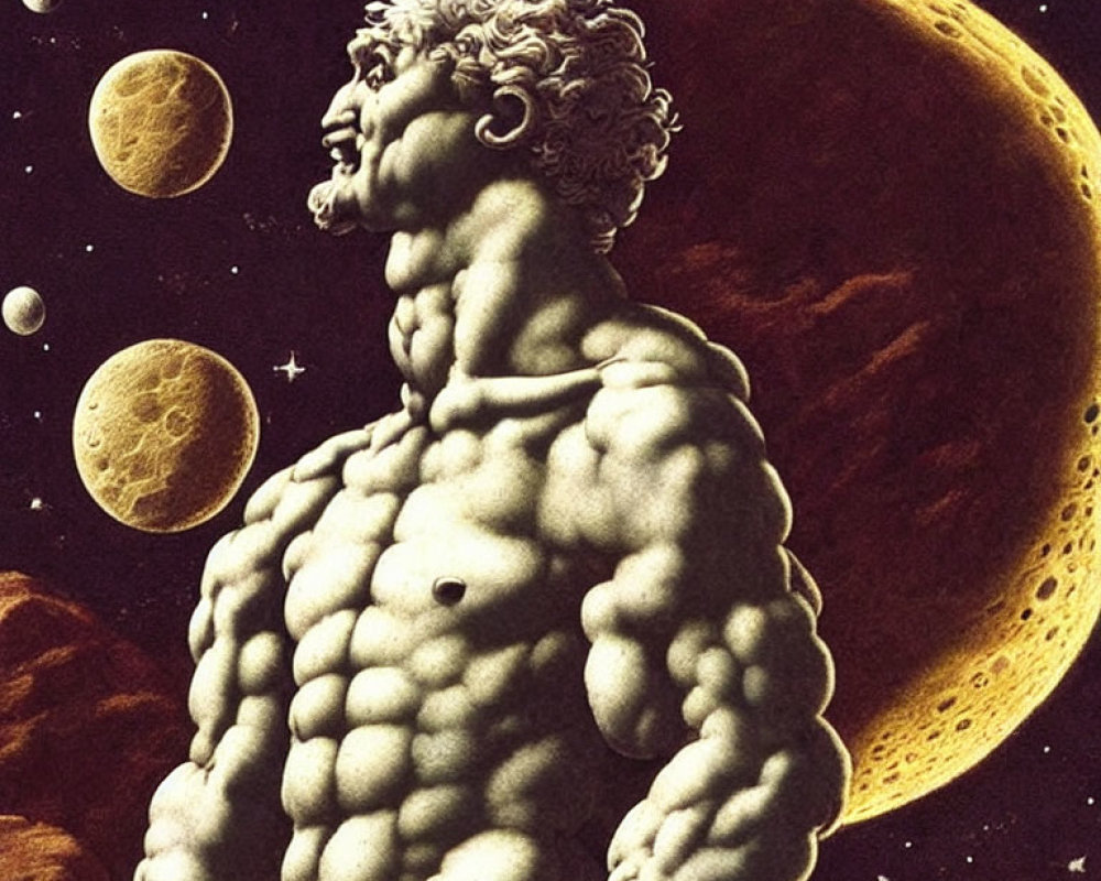 Male figure sculpture against cosmic backdrop with planets and moons.