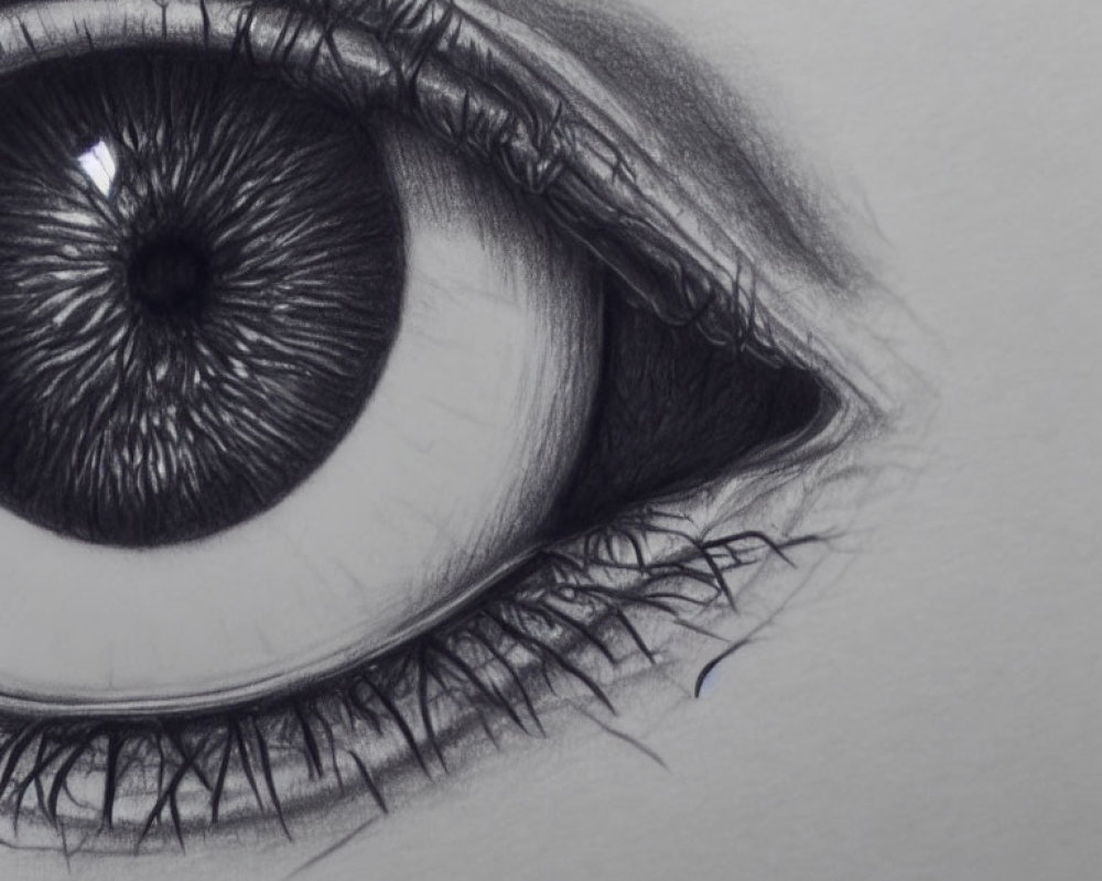 Detailed pencil drawing of a human eye with prominent eyelashes and intricate iris texture