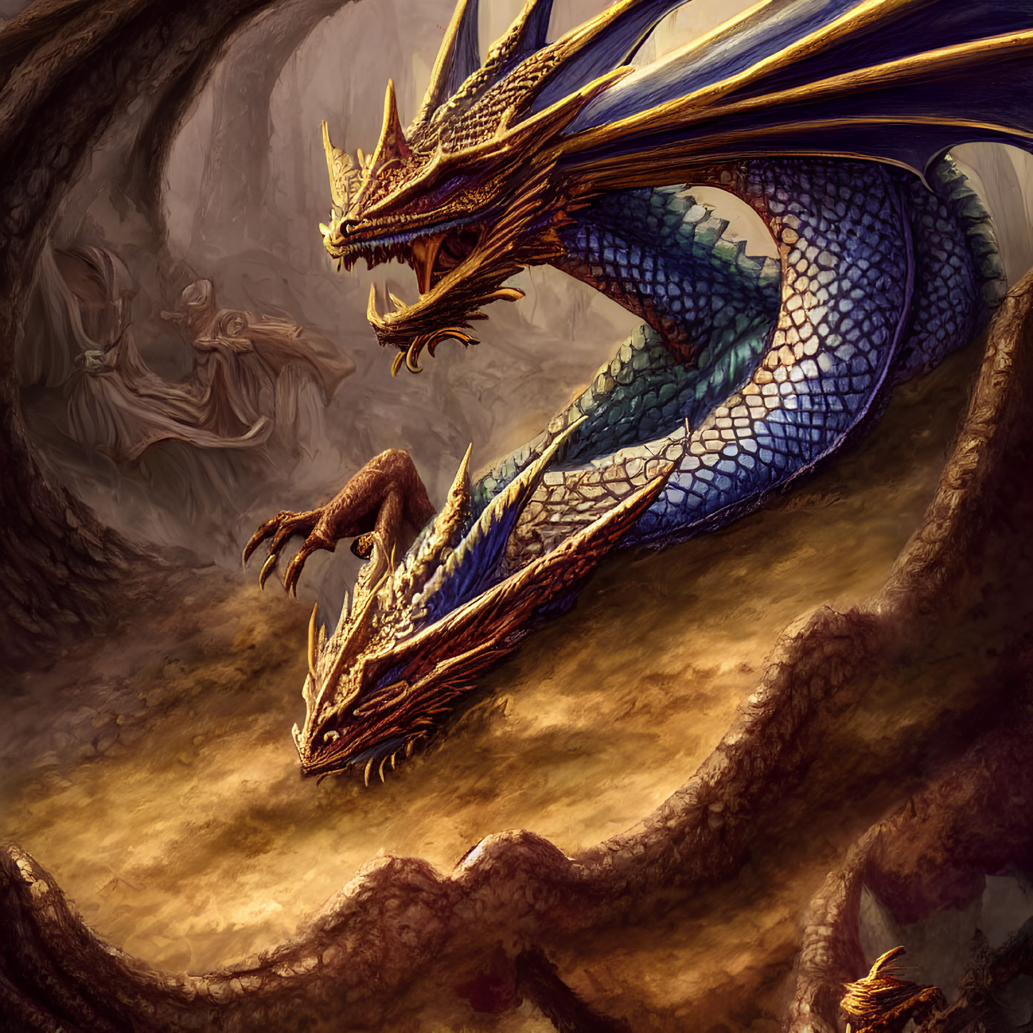 Iridescent blue dragon with golden horns in cave with mysterious figures