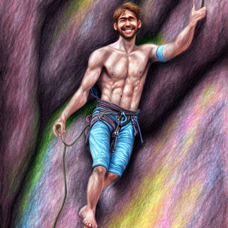Shirtless male climber with harness scaling rock face