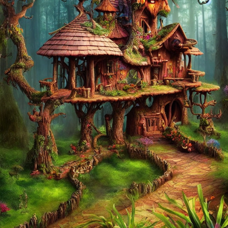 Enchanting forest treehouse with wooden walkways