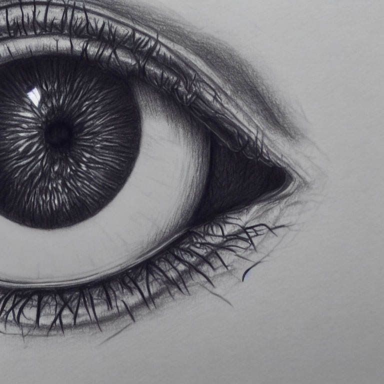 Detailed pencil drawing of a human eye with prominent eyelashes and intricate iris texture