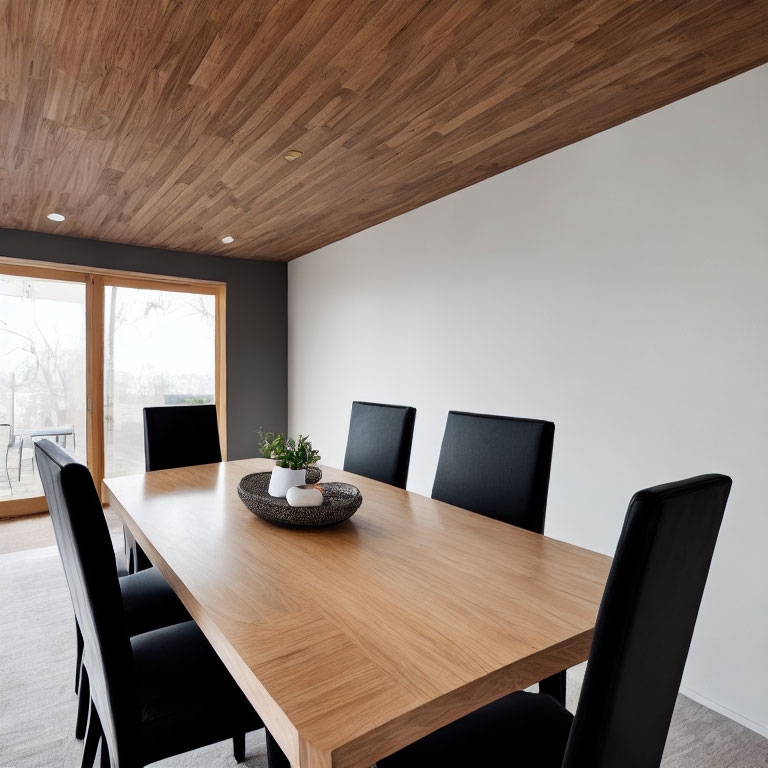Contemporary Dining Room with Wooden Table, Black Chairs, and Large Windows