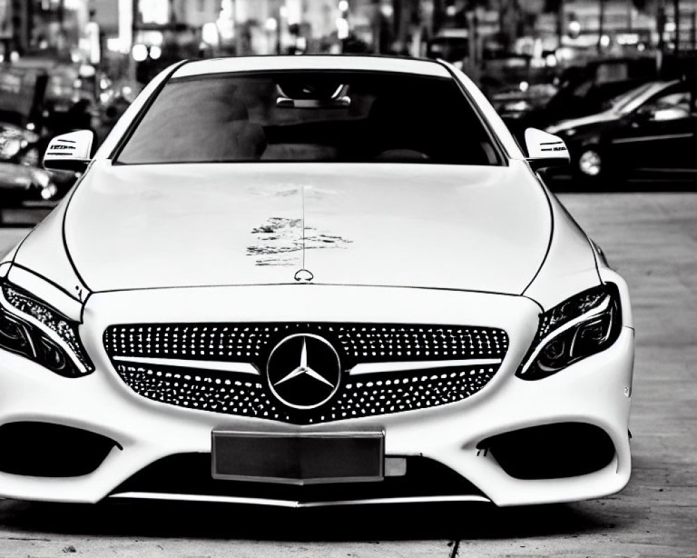White Mercedes-Benz Car with Prominent Grille and Logo in City Setting