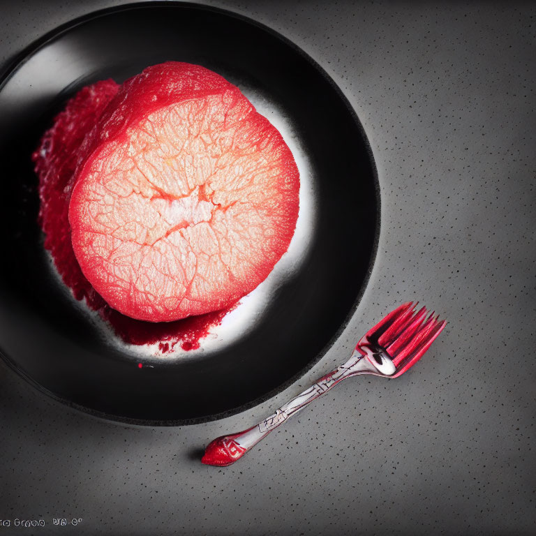 Bright red grapefruit slice on dark bowl with red fork on grey background