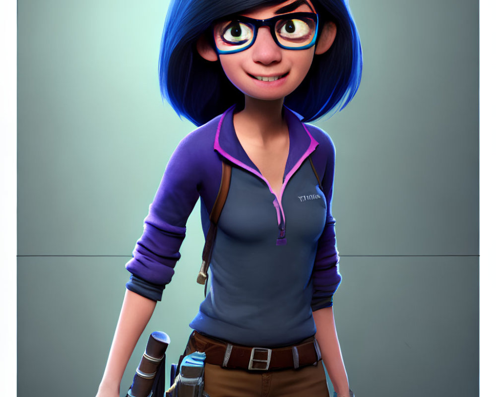 Vibrant blue hair 3D character with glasses and technical gear