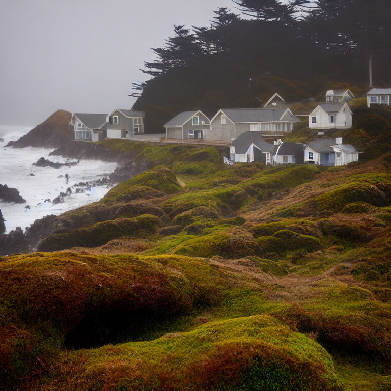 Rustic houses on moss-covered bluffs by rocky shore