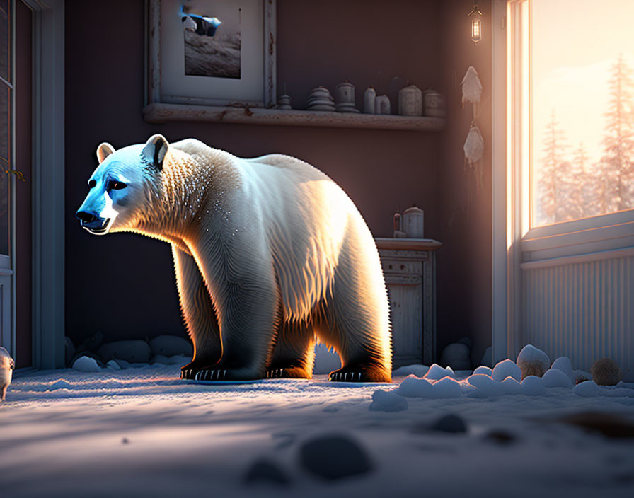 Polar bear in cozy room with snowballs and sunlight