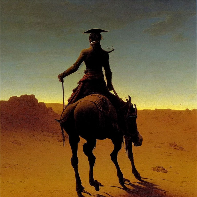 Silhouetted Lone Figure on Horseback in Traditional Western Attire