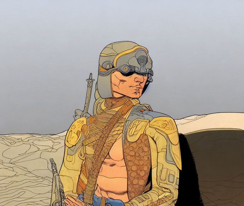 Futuristic military gear on rugged individual in arid setting