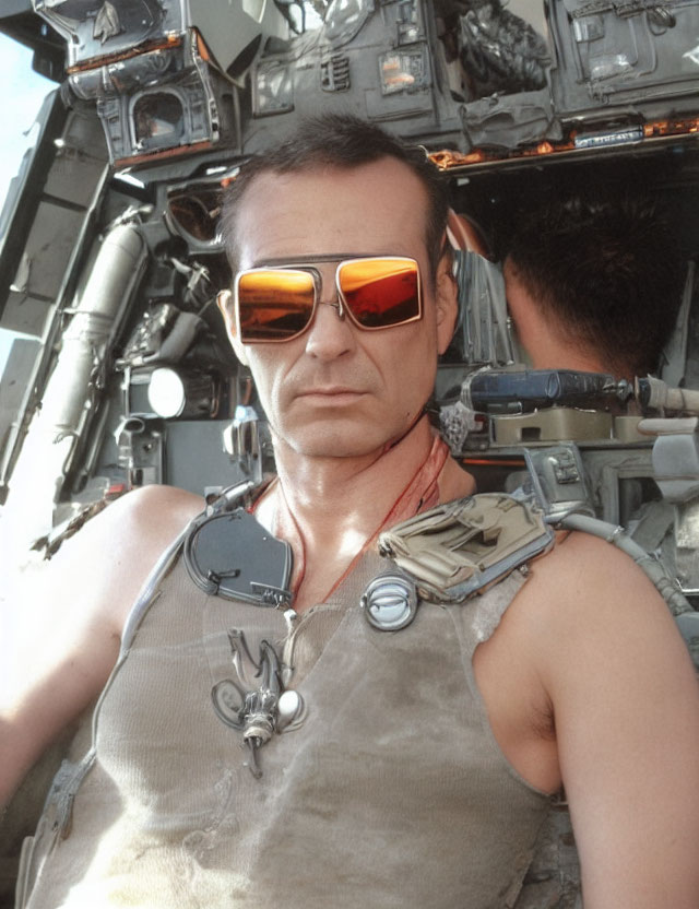 Man in Tank Top with Aviator Sunglasses in Helicopter Cockpit