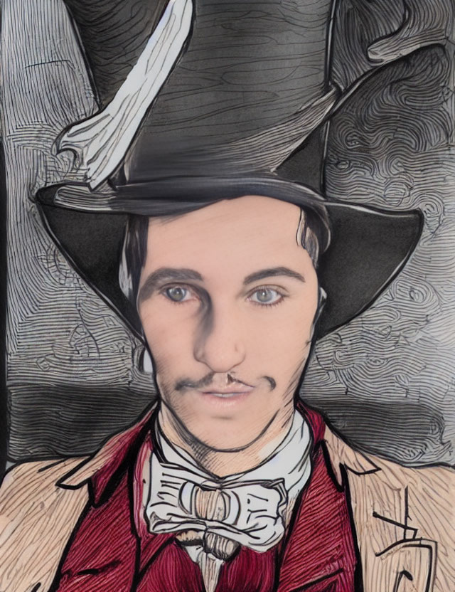 Stylized drawing of a person with hat, feather, bow tie, and mustache