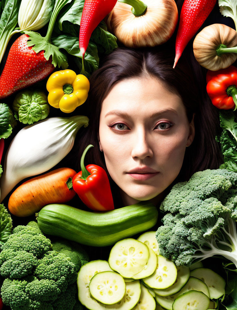 Face among vegetables