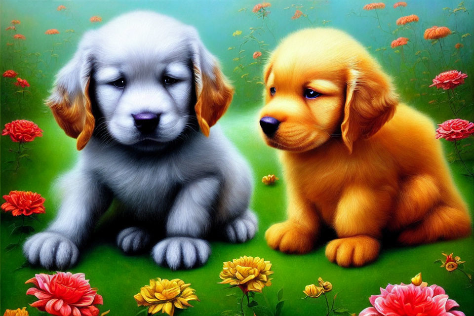 Fluffy gray and golden puppies in colorful flower garden