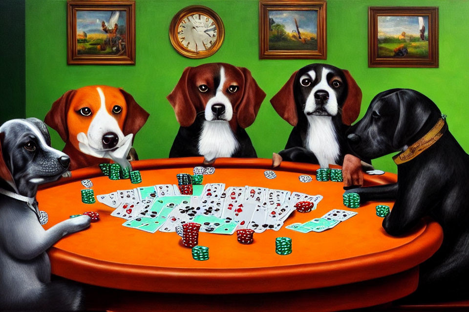 Five Dogs Playing Poker with Chips and Cards on Green Background