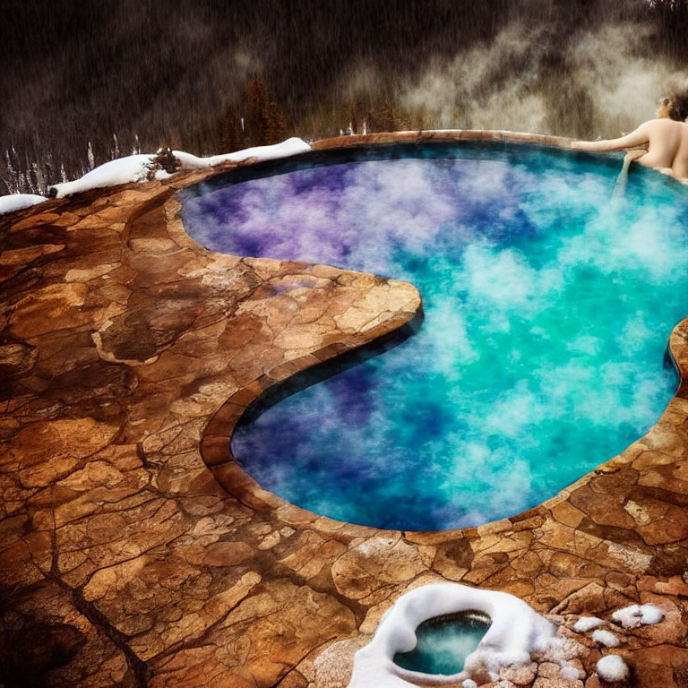 Person Relaxing in Outdoor Hot Tub Surrounded by Snowy Forest