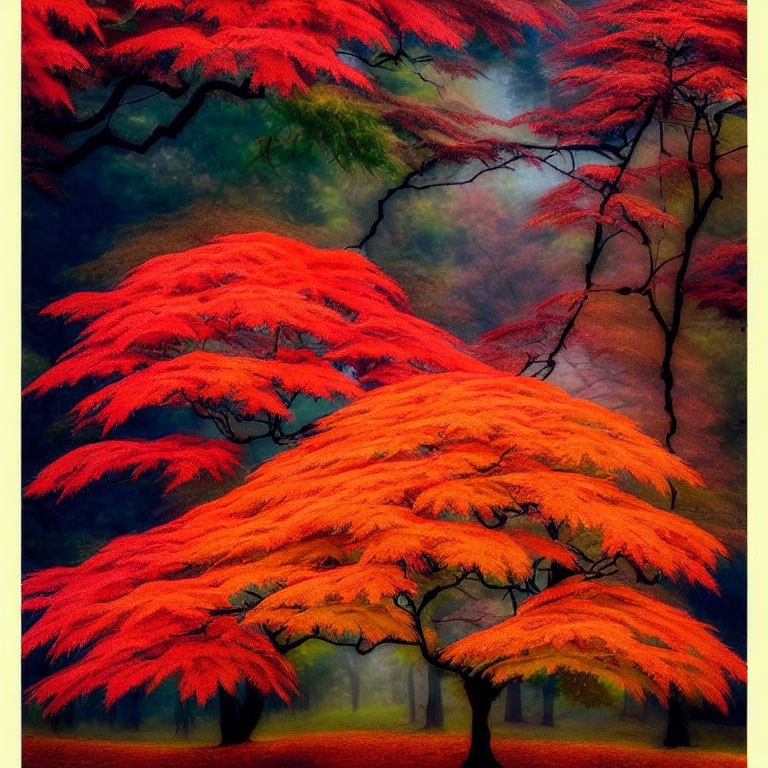 Vivid red-orange Japanese maple tree in misty forest scene