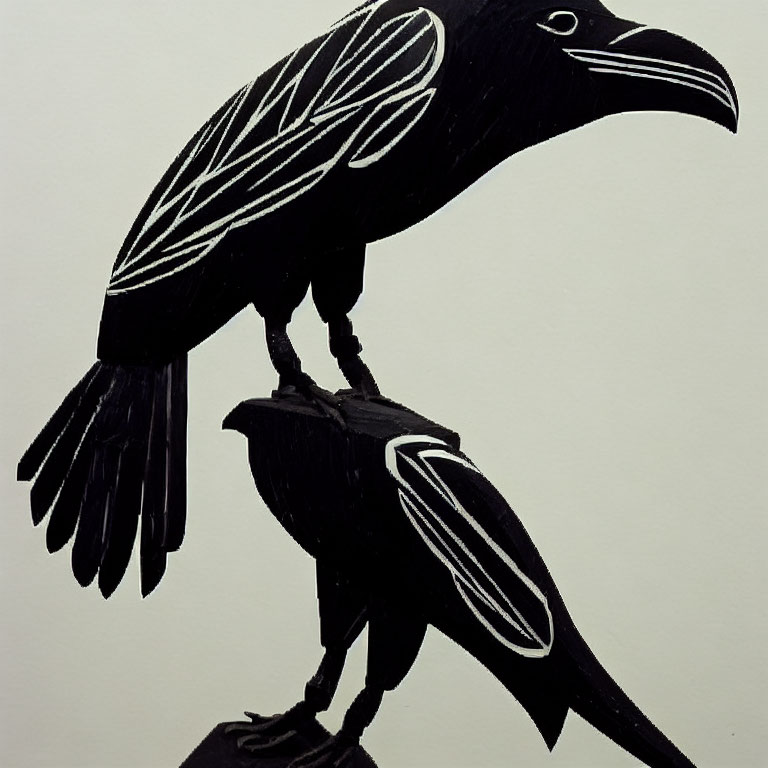 Black Raven Silhouette with White Intricate Patterns Perched on Flat Surface