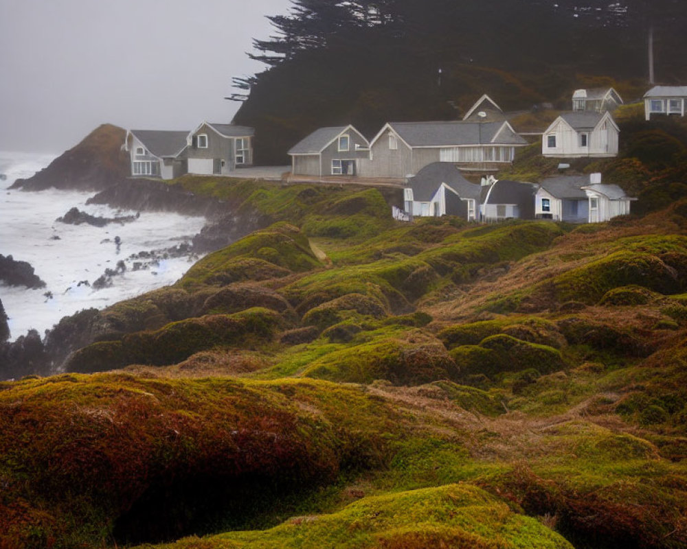 Rustic houses on moss-covered bluffs by rocky shore