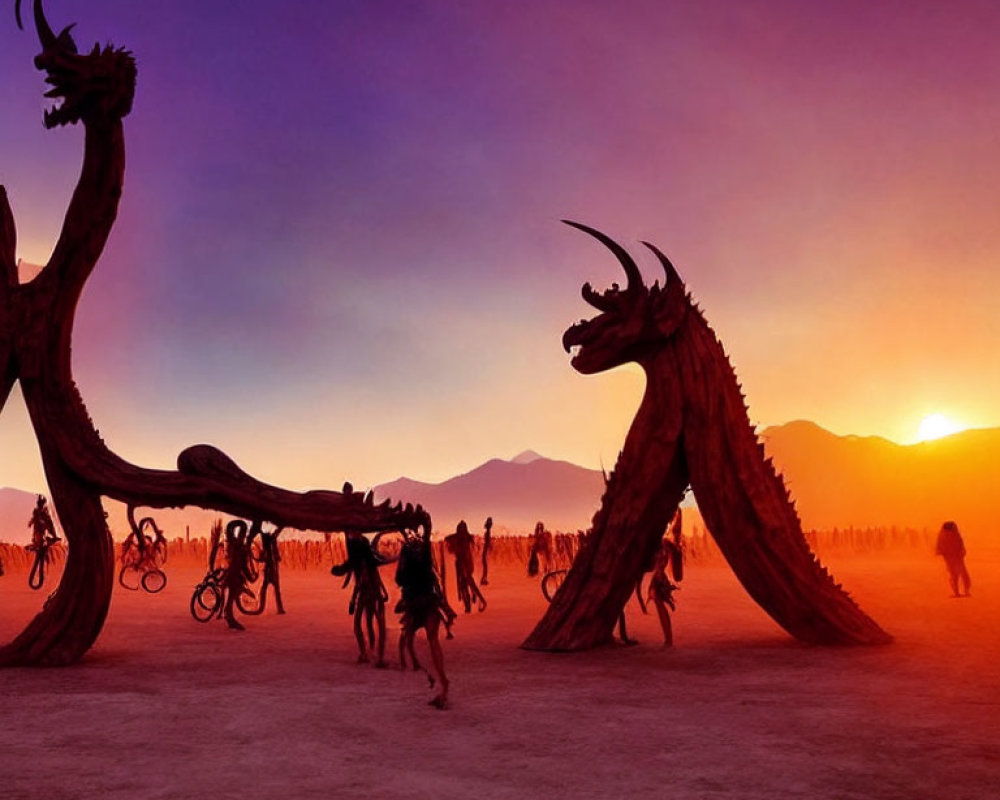 Vibrant festival sunset with people by large dragon sculptures