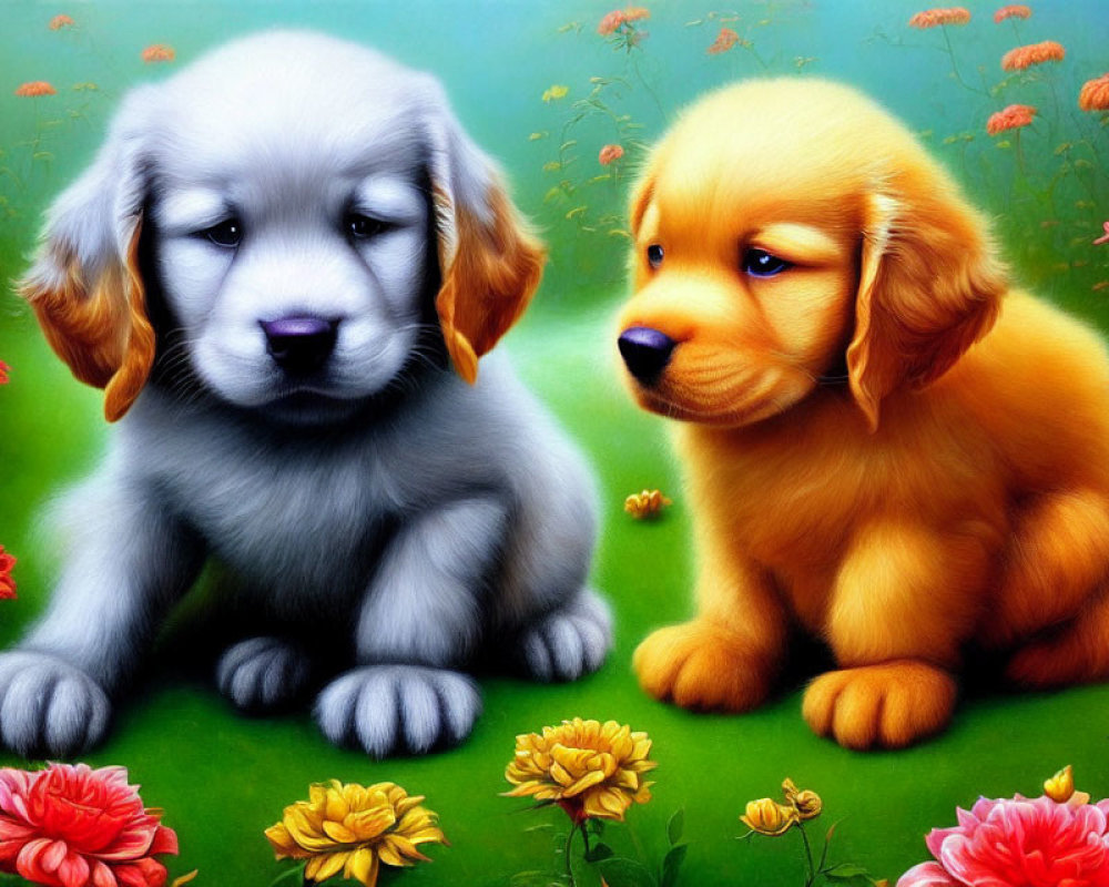 Fluffy gray and golden puppies in colorful flower garden