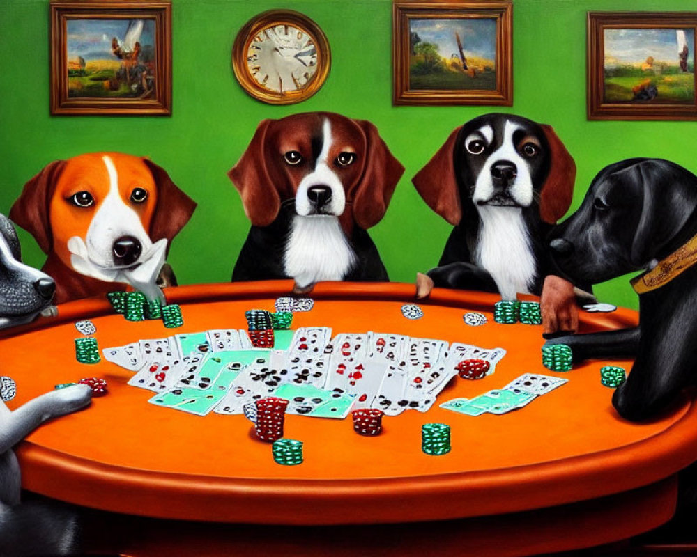 Five Dogs Playing Poker with Chips and Cards on Green Background