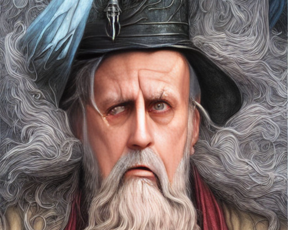 Elderly man with stern expression in detailed wizard hat and luxurious white beard