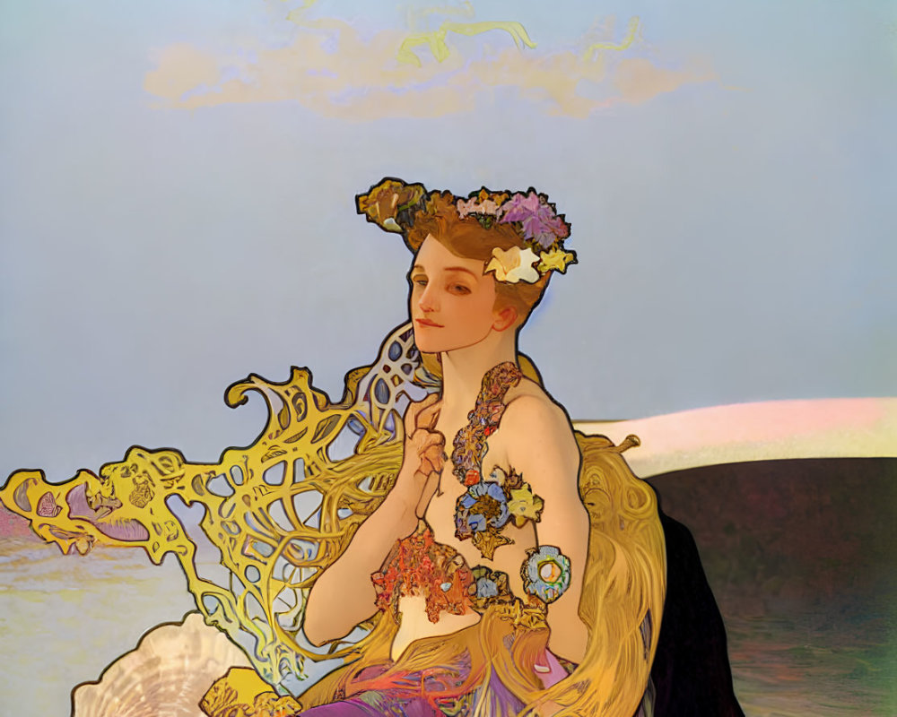 Woman portrait with Art Nouveau style and floral chair on sunset background
