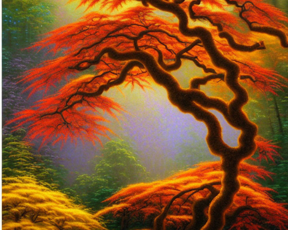 Vivid painting of twisted tree with fiery orange leaves in golden autumn forest