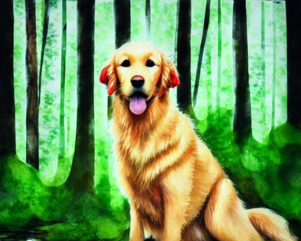Happy golden retriever in vibrant green forest with sunlight filtering through tall trees