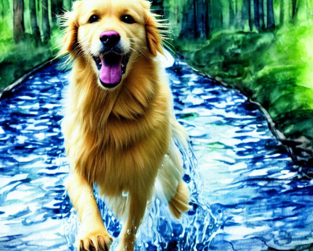 Golden retriever running in shallow stream with green forest background
